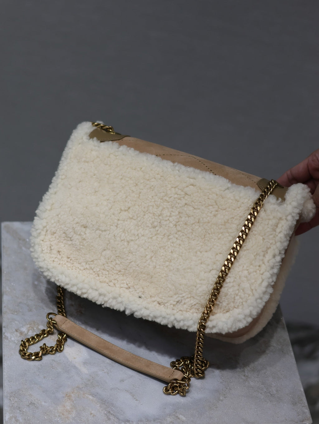 Saint Laurent Niki Small 22 in Camel Suede and White Shearling Bag