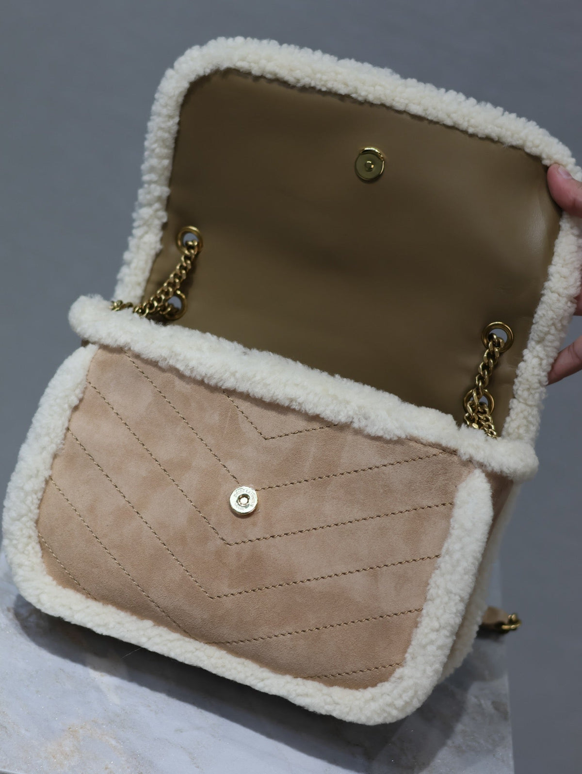 Saint Laurent Niki Small 22 in Camel Suede and White Shearling Bag
