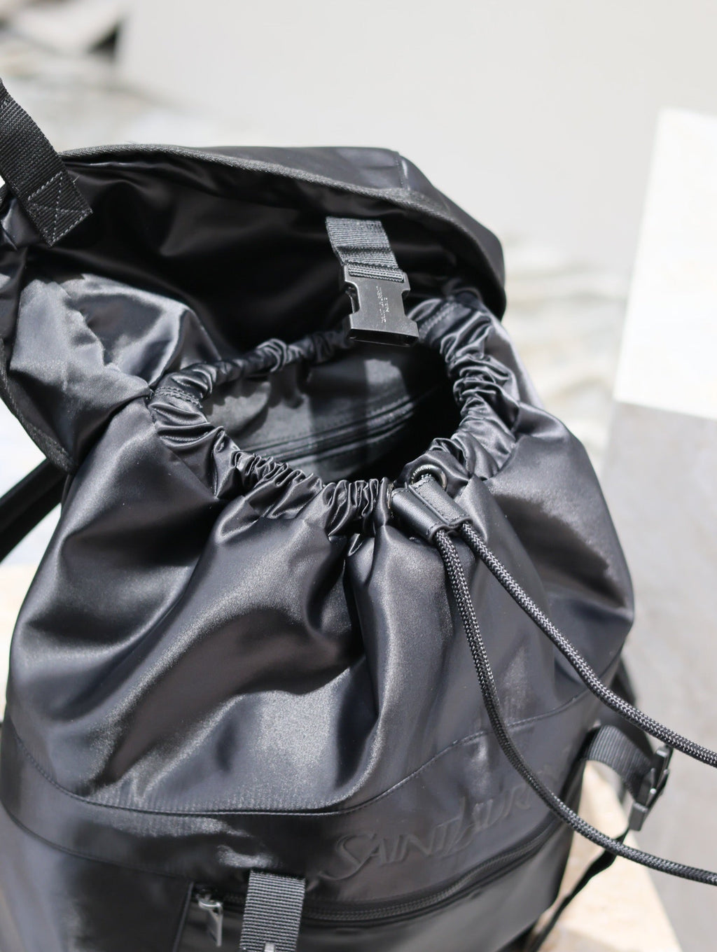 Saint Laurent Waterproof Backpack 45 in Black Nylon with Embossed Logo