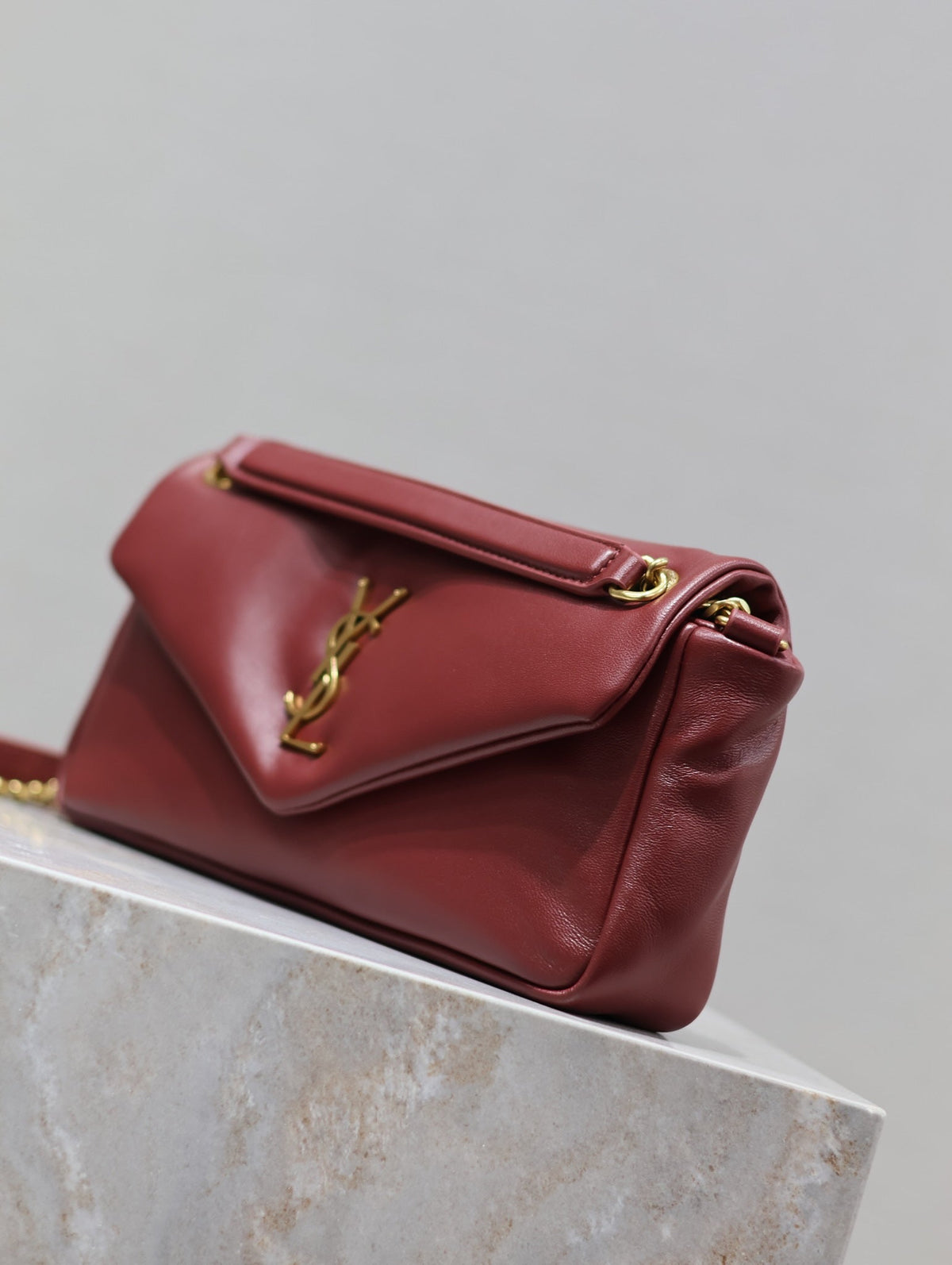 Saint Laurent 25S Calypso Handbag 26 in Burgundy Lambskin Gold Hardwre