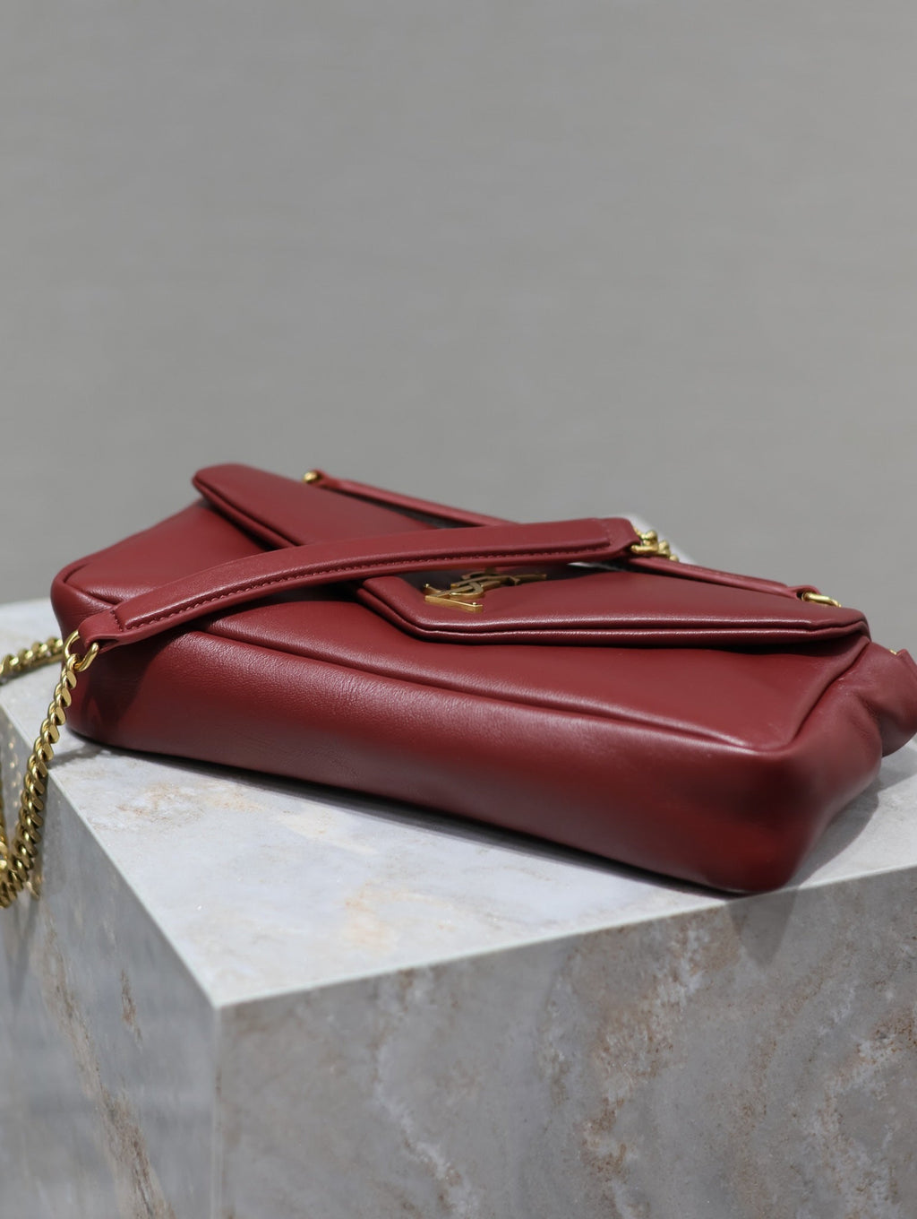 Saint Laurent 25S Calypso Handbag 26 in Burgundy Lambskin Gold Hardwre