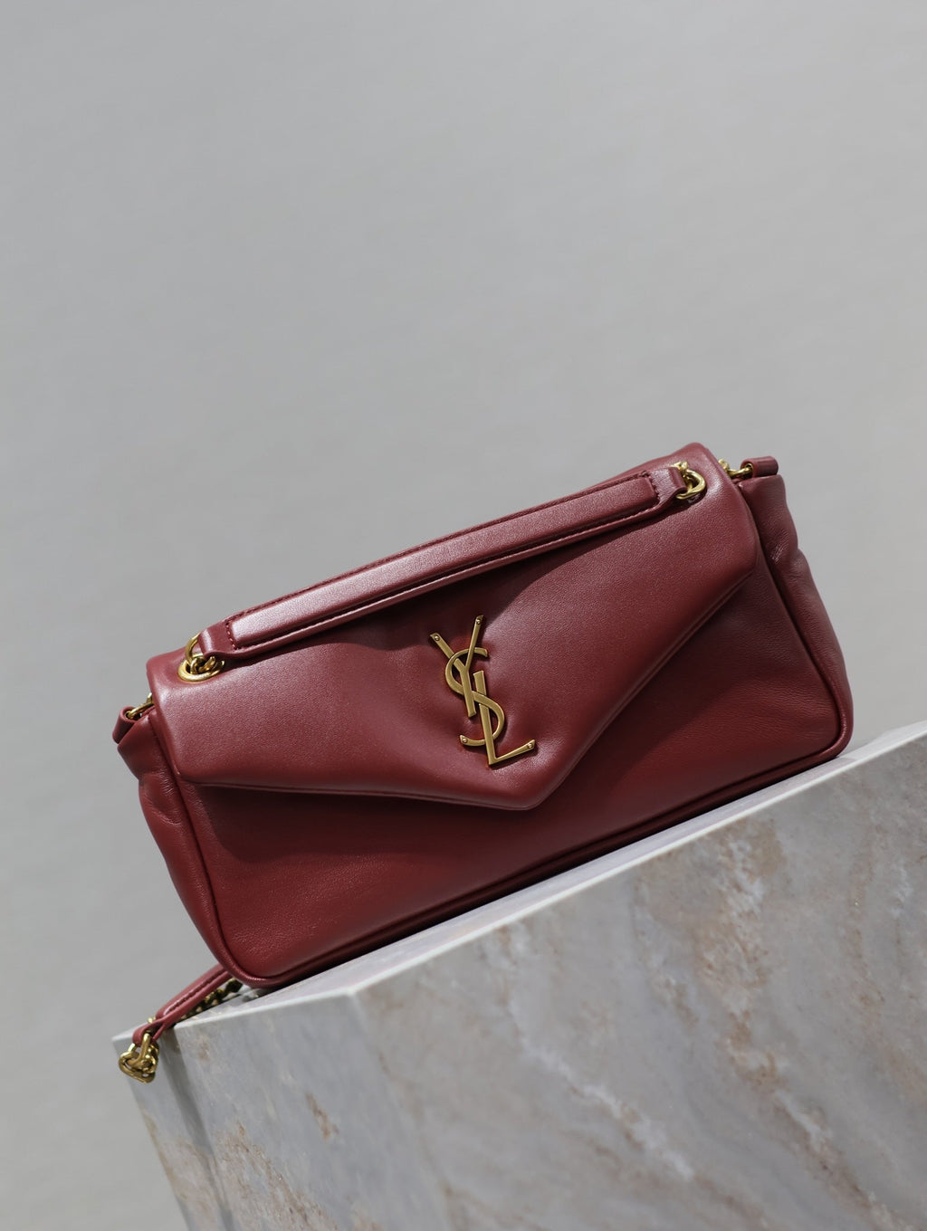 Saint Laurent 25S Calypso Handbag 26 in Burgundy Lambskin Gold Hardwre