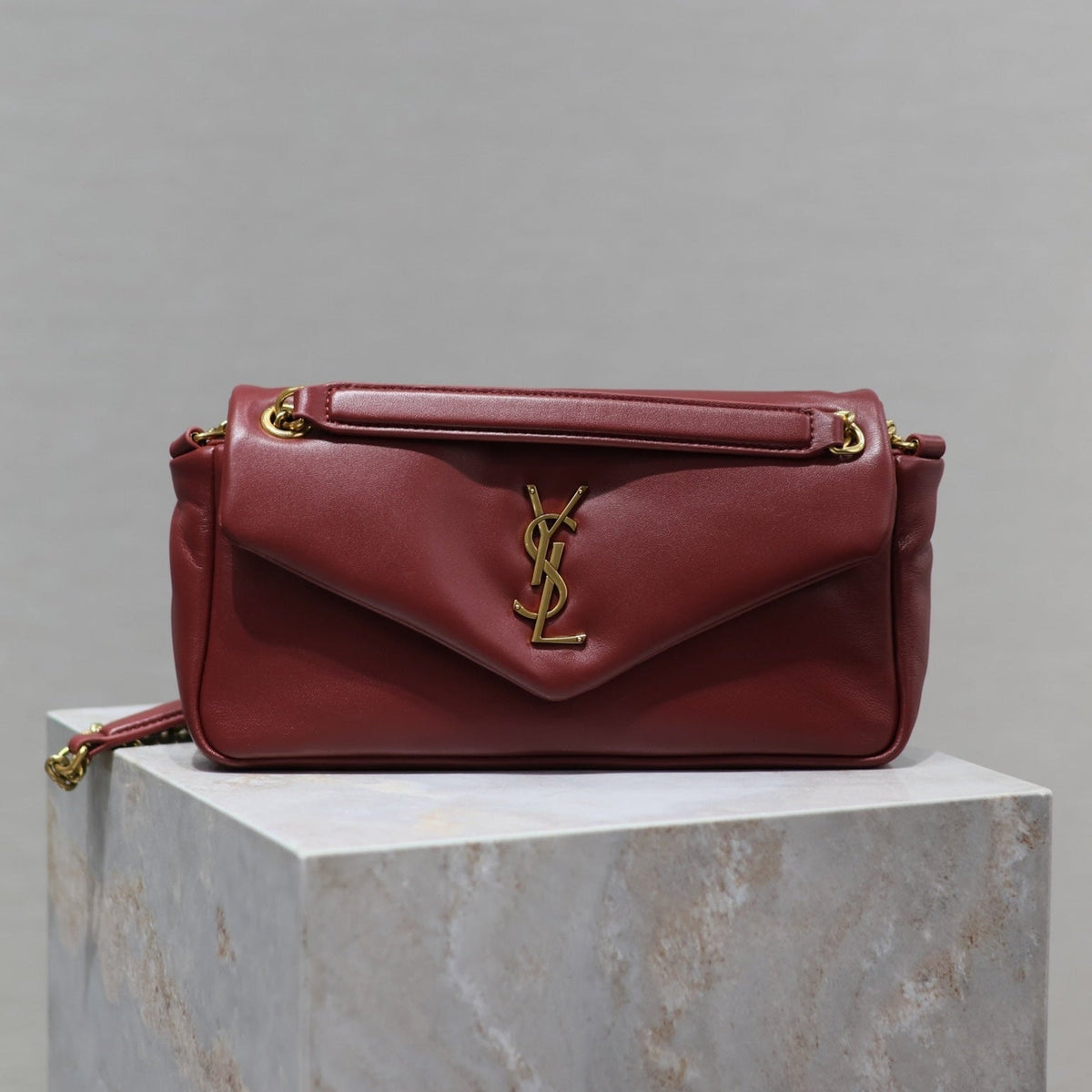 Saint Laurent 25S Calypso Handbag 26 in Burgundy Lambskin Gold Hardwre