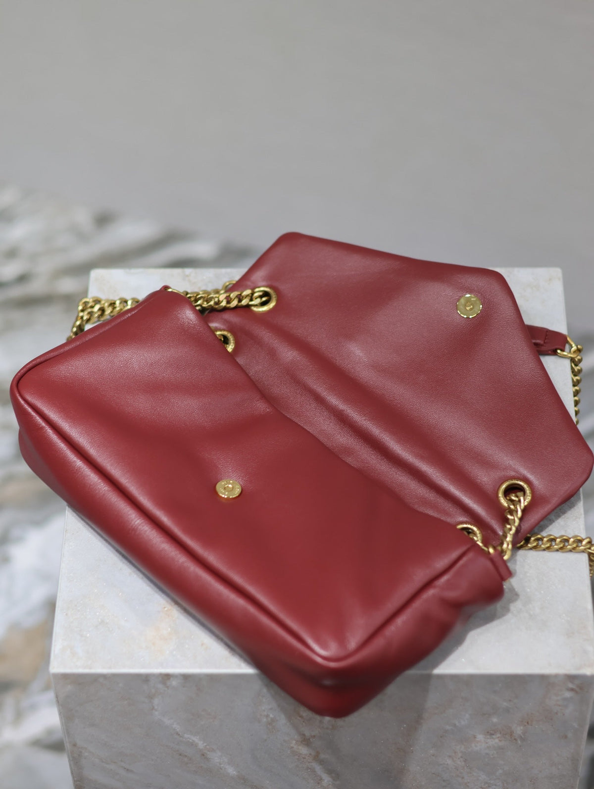 Saint Laurent 25S Calypso Handbag 26 in Burgundy Lambskin Gold Hardwre