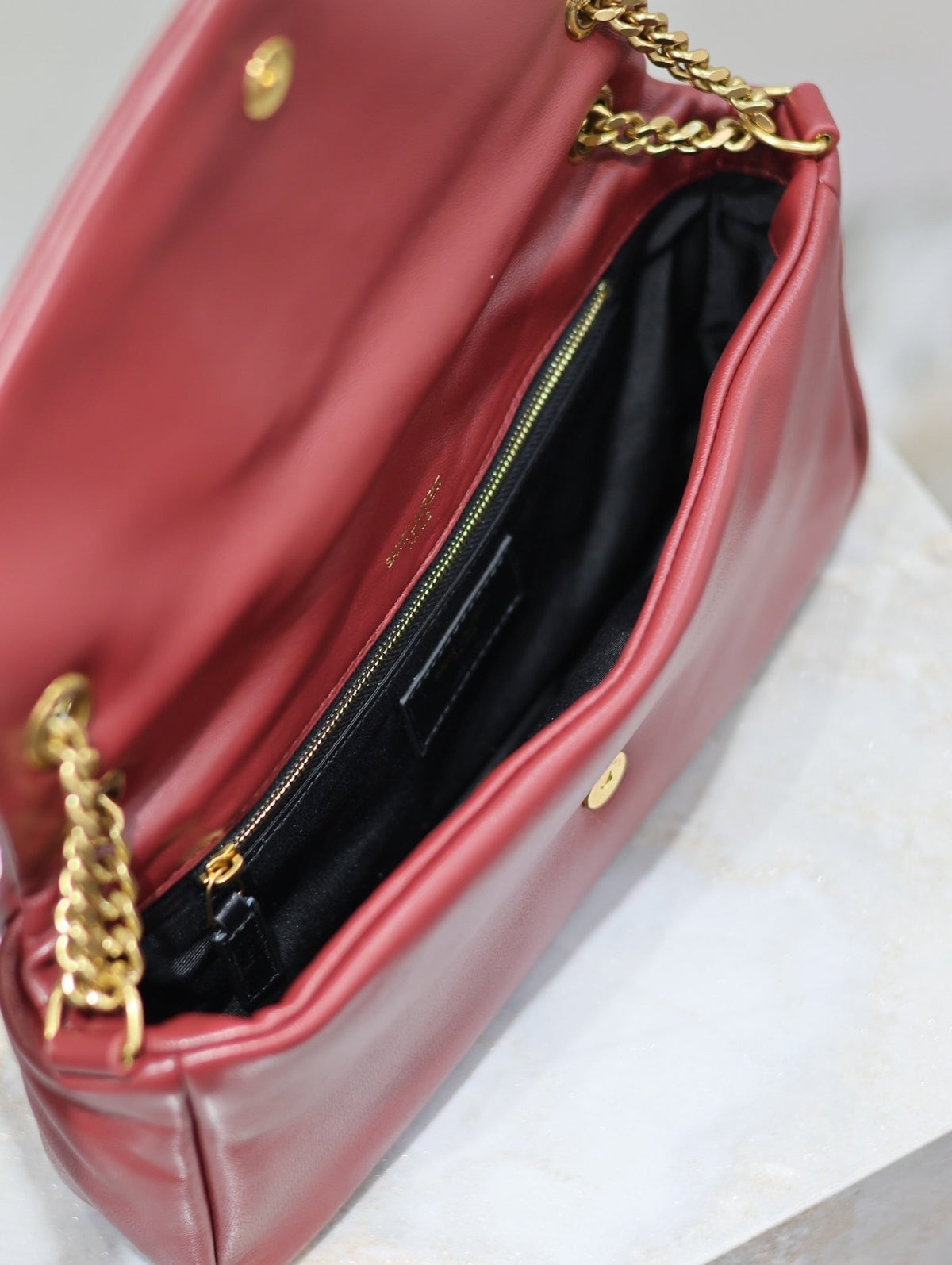 Saint Laurent 25S Calypso Handbag 26 in Burgundy Lambskin Gold Hardwre