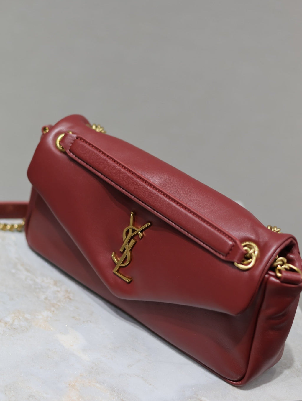 Saint Laurent 25S Calypso Handbag 26 in Burgundy Lambskin Gold Hardwre