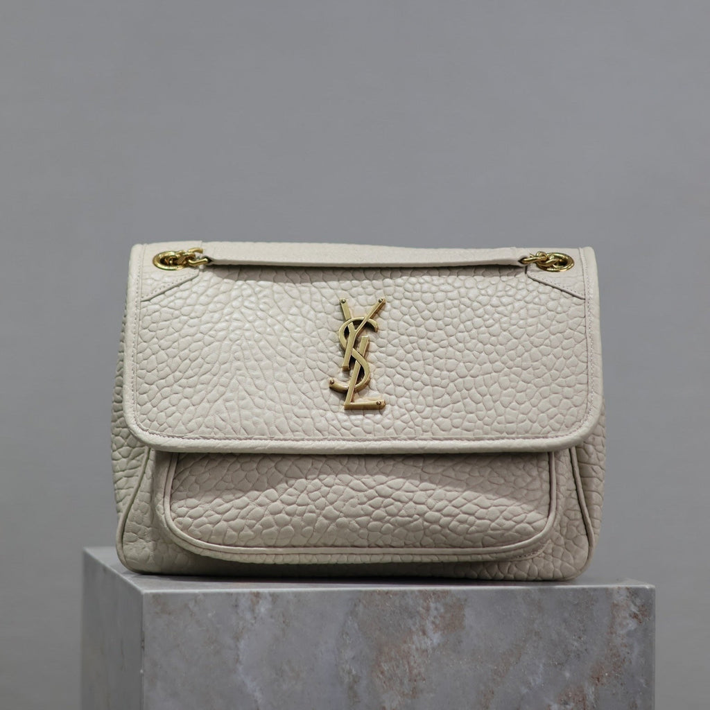 Saint Laurent Niki Medium 28 in White Elephant Pattern Lambskin Gold Logo Bag