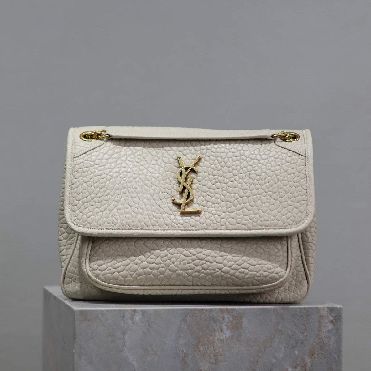 Saint Laurent Niki Medium 28 in White Elephant Pattern Lambskin Gold Logo Bag