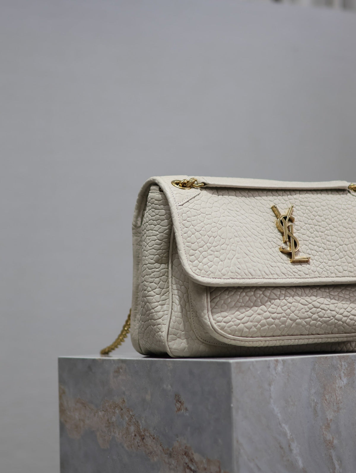 Saint Laurent Niki Medium 28 in White Elephant Pattern Lambskin Gold Logo Bag