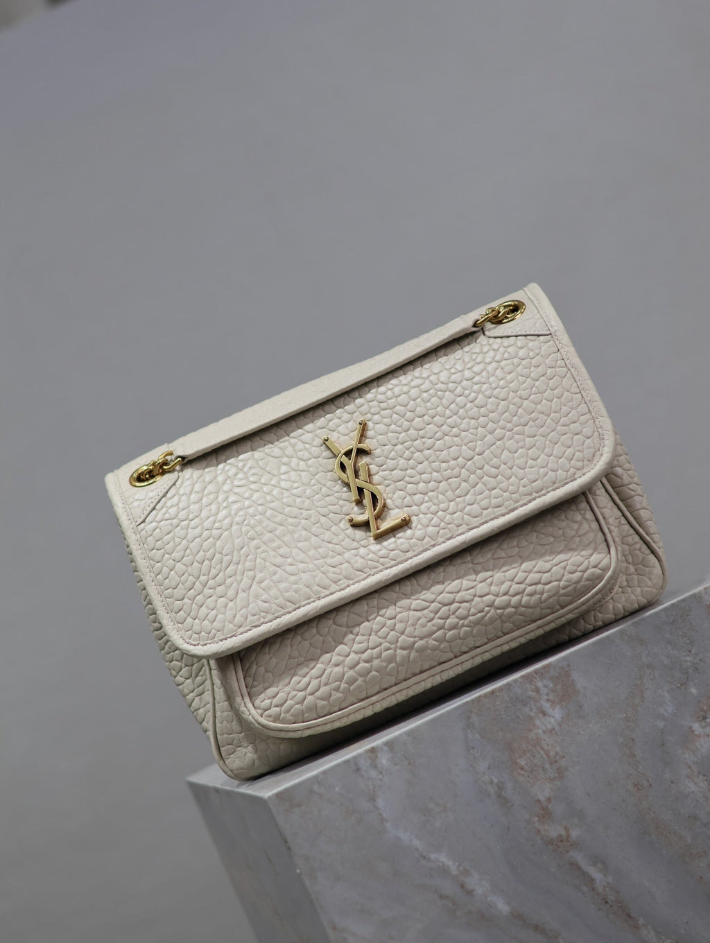 Saint Laurent Niki Medium 28 in White Elephant Pattern Lambskin Gold Logo Bag