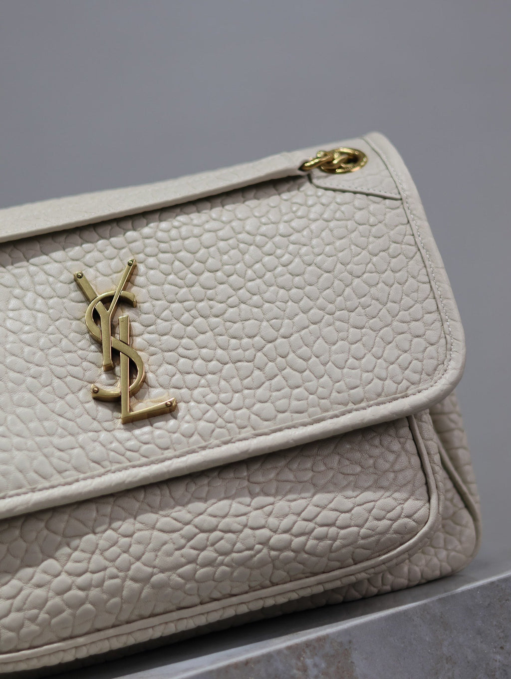 Saint Laurent Niki Medium 28 in White Elephant Pattern Lambskin Gold Logo Bag