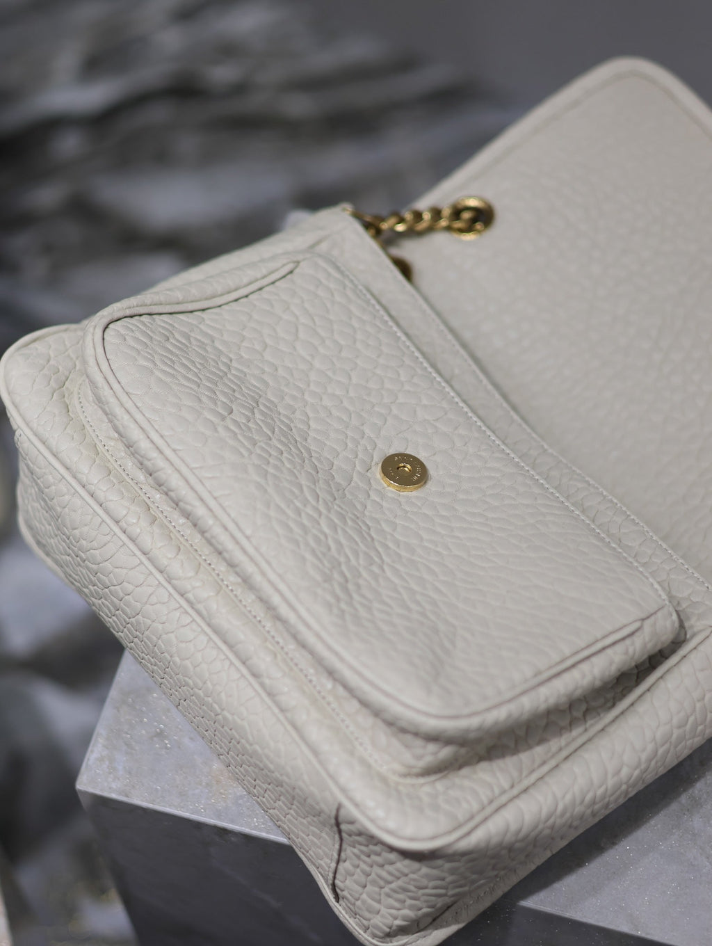 Saint Laurent Niki Medium 28 in White Elephant Pattern Lambskin Gold Logo Bag
