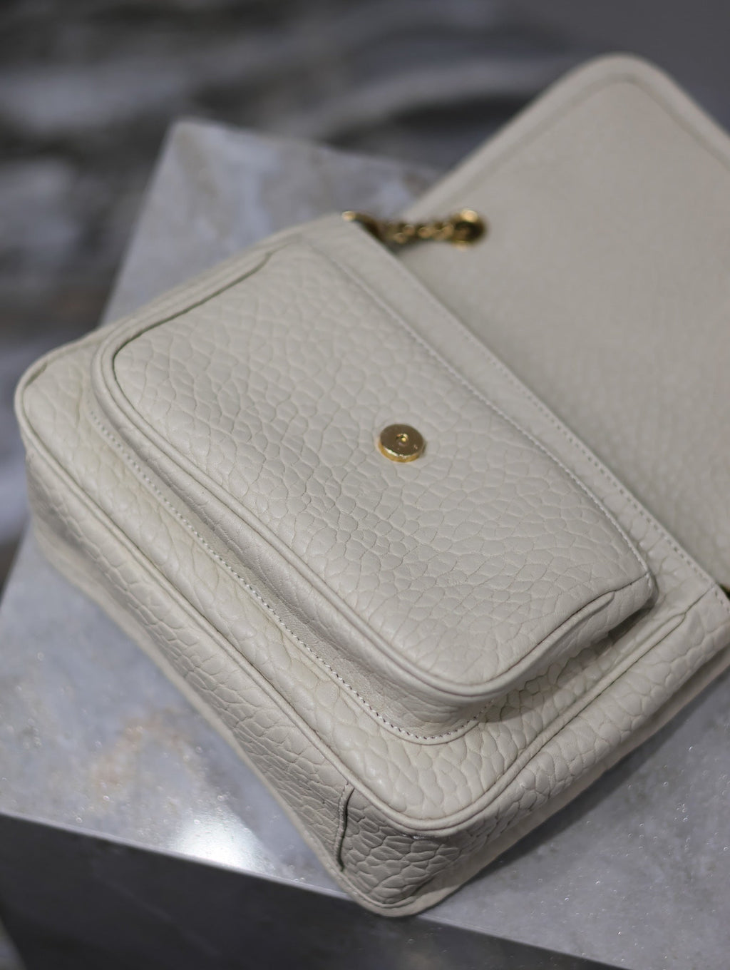 Saint Laurent Niki Baby 22 in White Elephant Pattern Lambskin Gold Logo Bag