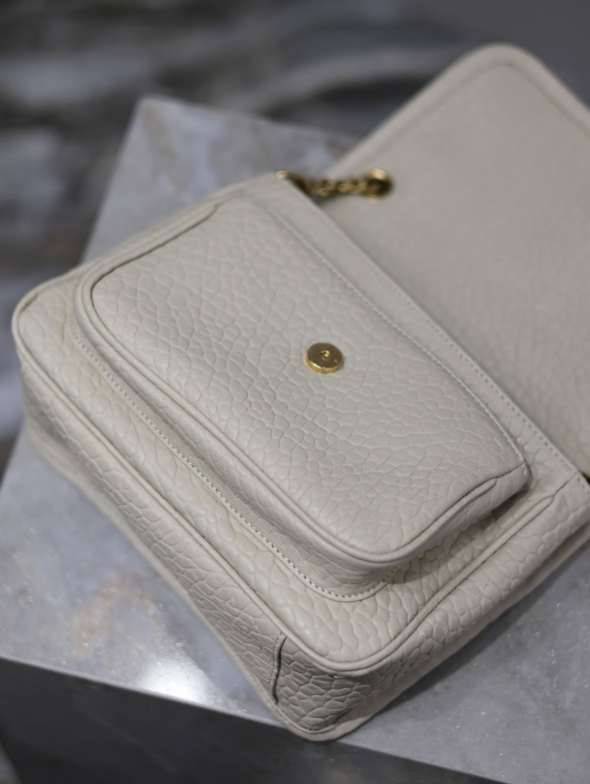 Saint Laurent Niki Baby 22 in White Elephant Pattern Lambskin Gold Logo Bag