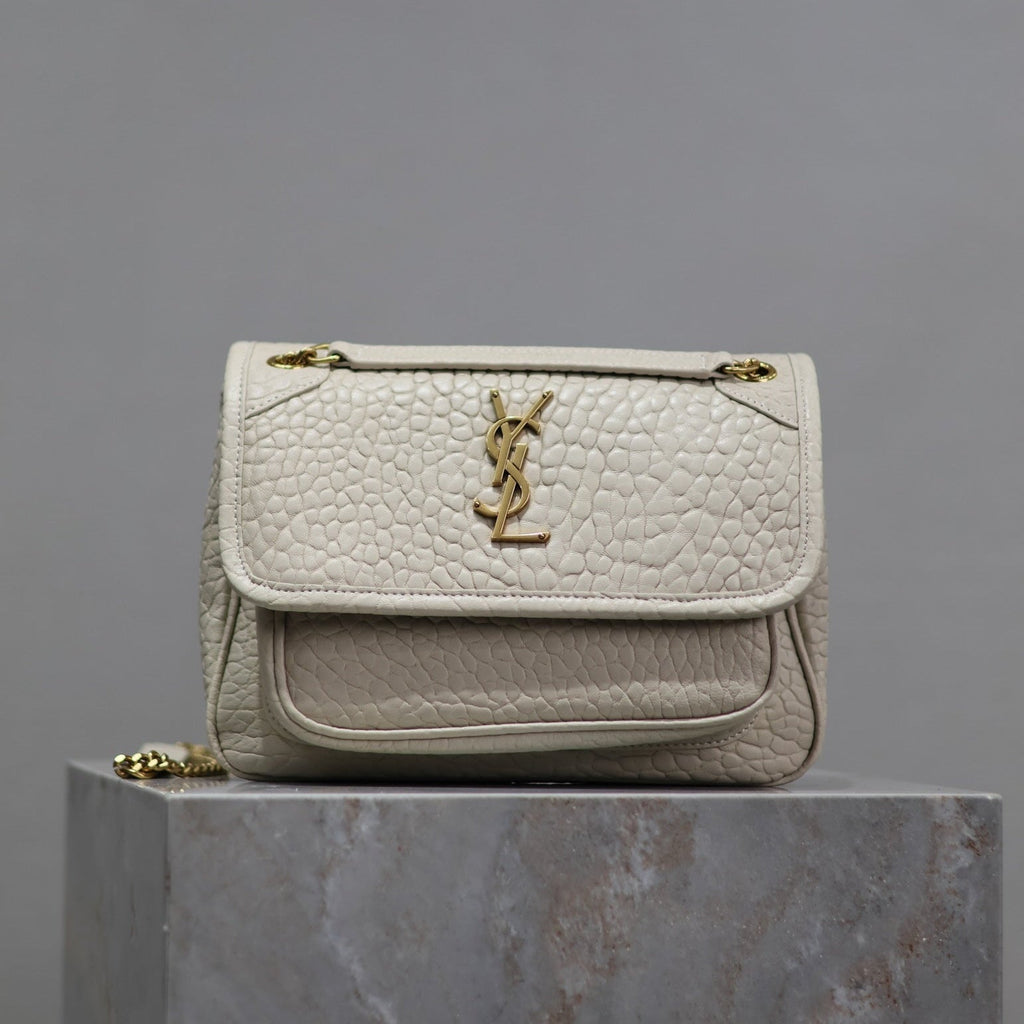 Saint Laurent Niki Baby 22 in White Elephant Pattern Lambskin Gold Logo Bag