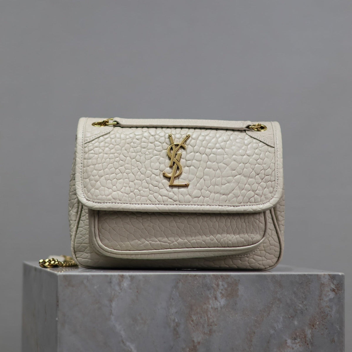 Saint Laurent Niki Baby 22 in White Elephant Pattern Lambskin Gold Logo Bag