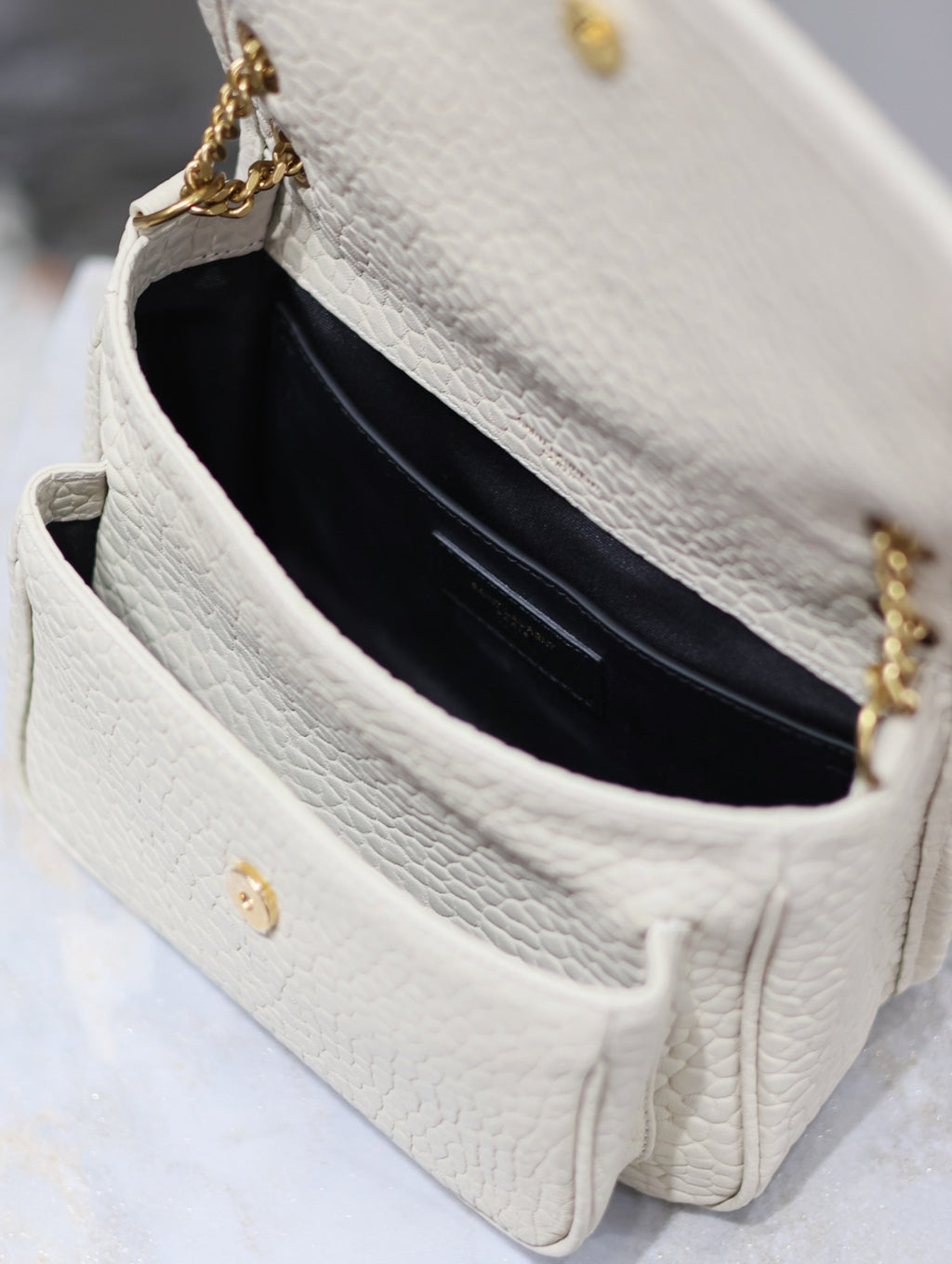 Saint Laurent Niki Baby 22 in White Elephant Pattern Lambskin Gold Logo Bag