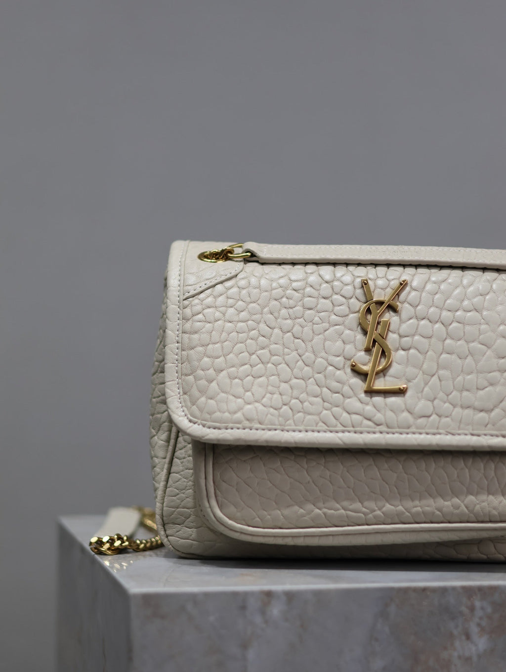 Saint Laurent Niki Baby 22 in White Elephant Pattern Lambskin Gold Logo Bag