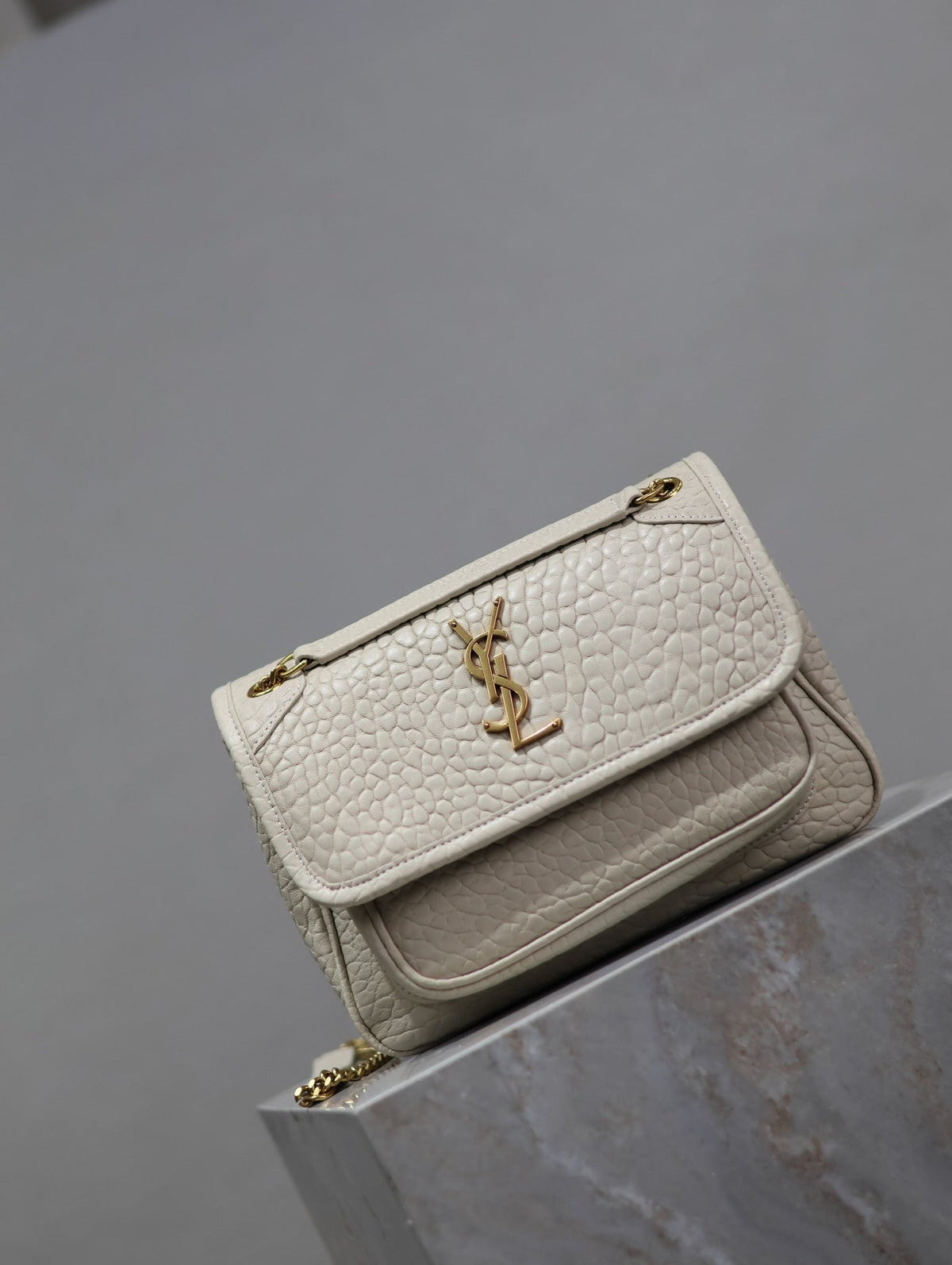 Saint Laurent Niki Baby 22 in White Elephant Pattern Lambskin Gold Logo Bag