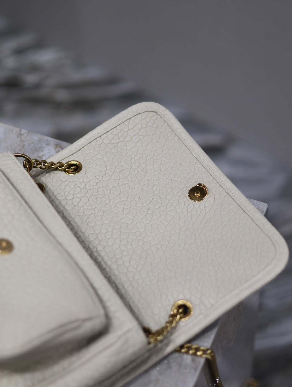 Saint Laurent Niki Baby 22 in White Elephant Pattern Lambskin Gold Logo Bag