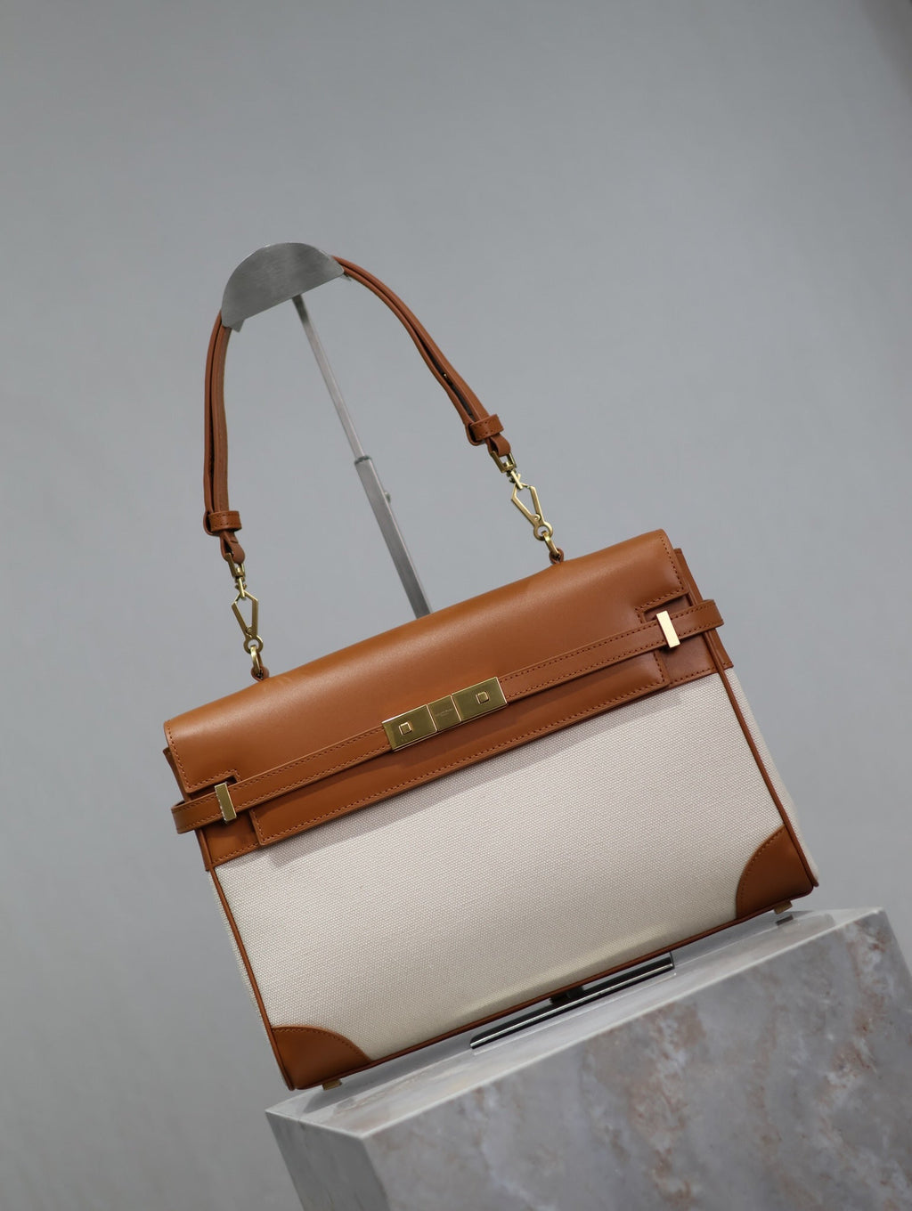 Saint Laurent Manhattan Handbag 32 in Brown Calfskin and White Canvas Gold Hardware