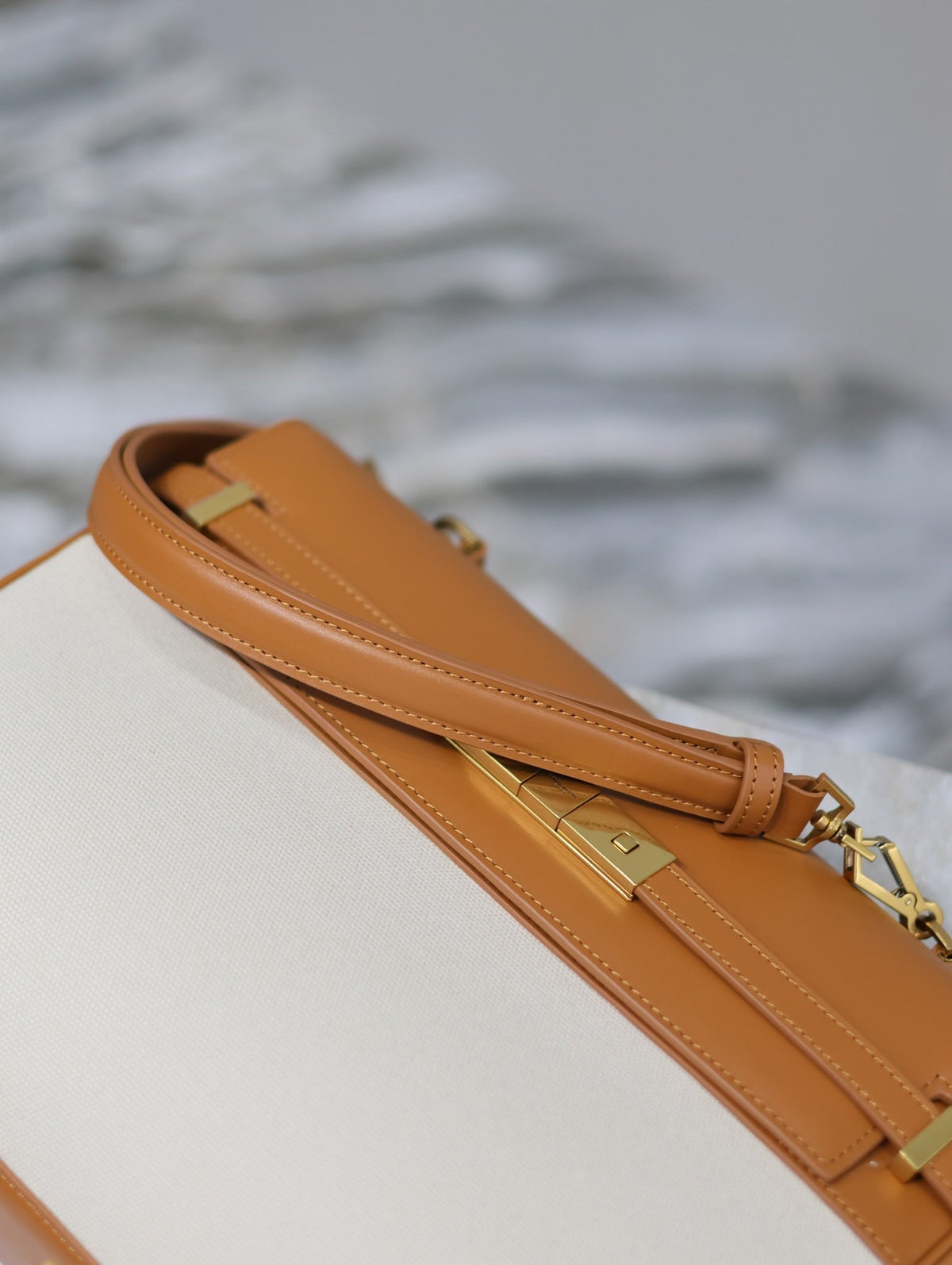 Saint Laurent Manhattan Handbag 32 in Brown Calfskin and White Canvas Gold Hardware