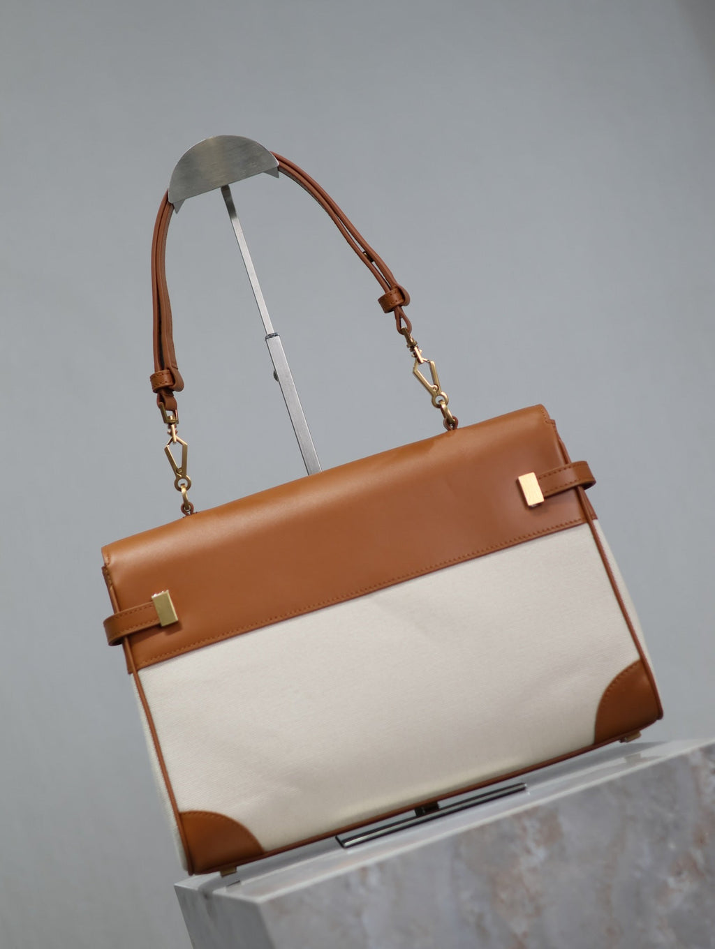 Saint Laurent Manhattan Handbag 32 in Brown Calfskin and White Canvas Gold Hardware