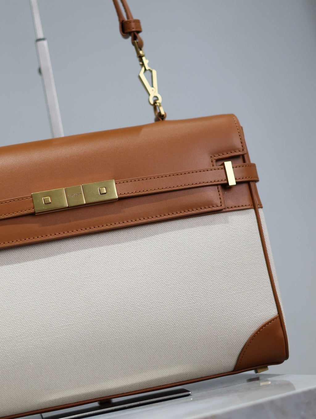 Saint Laurent Manhattan Handbag 32 in Brown Calfskin and White Canvas Gold Hardware