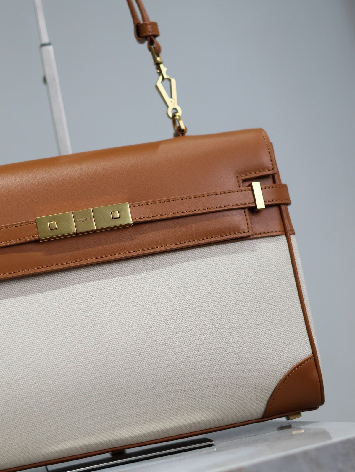 Saint Laurent Manhattan Handbag 32 in Brown Calfskin and White Canvas Gold Hardware