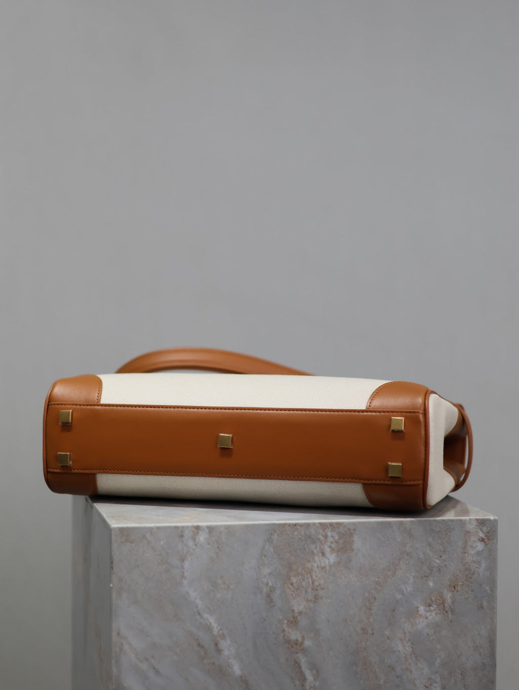 Saint Laurent Manhattan Handbag 32 in Brown Calfskin and White Canvas Gold Hardware