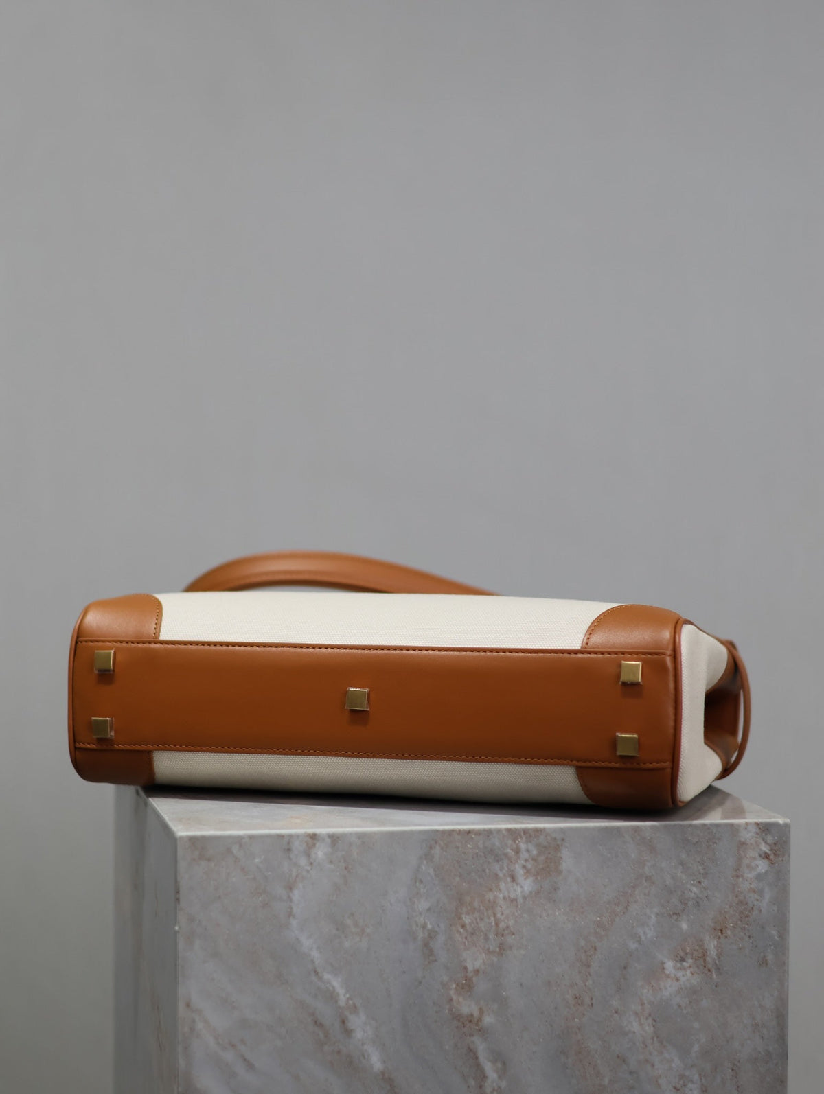 Saint Laurent Manhattan Handbag 32 in Brown Calfskin and White Canvas Gold Hardware