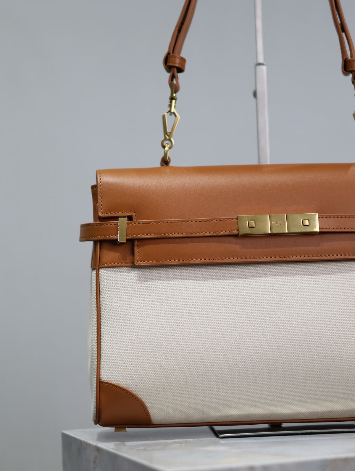 Saint Laurent Manhattan Handbag 32 in Brown Calfskin and White Canvas Gold Hardware