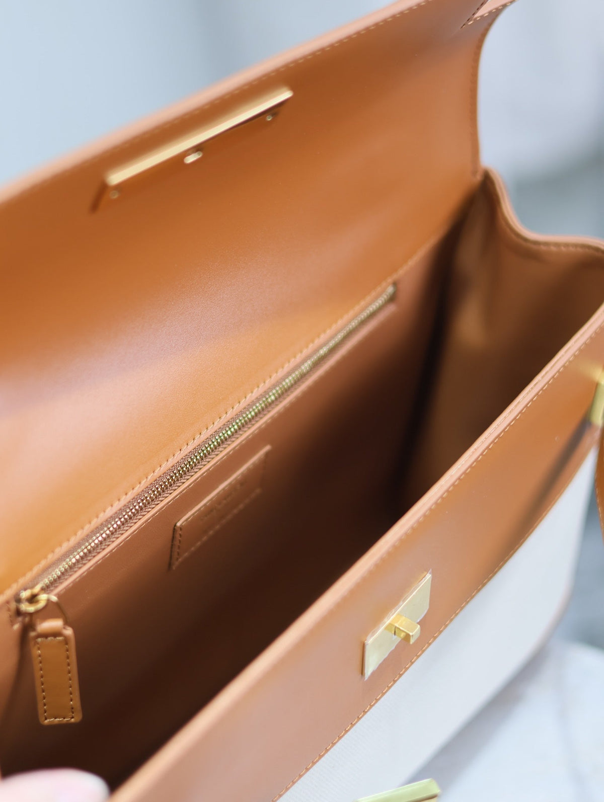 Saint Laurent Manhattan Handbag 32 in Brown Calfskin and White Canvas Gold Hardware