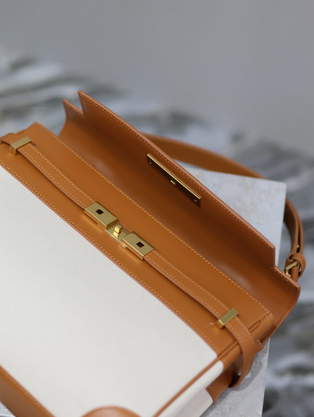 Saint Laurent Manhattan Handbag 32 in Brown Calfskin and White Canvas Gold Hardware