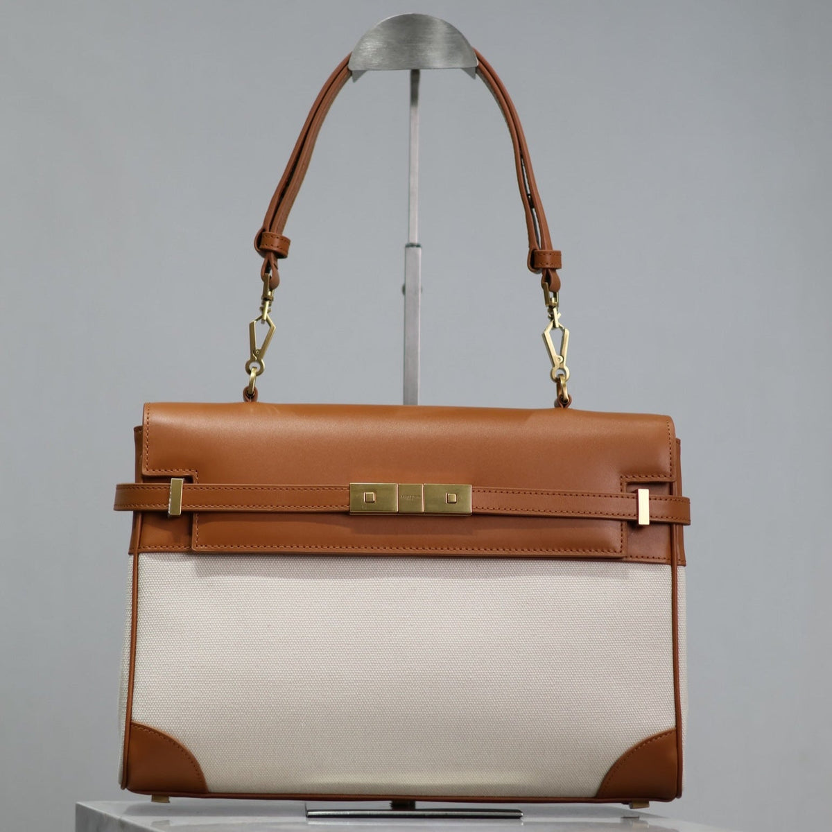 Saint Laurent Manhattan Handbag 32 in Brown Calfskin and White Canvas Gold Hardware