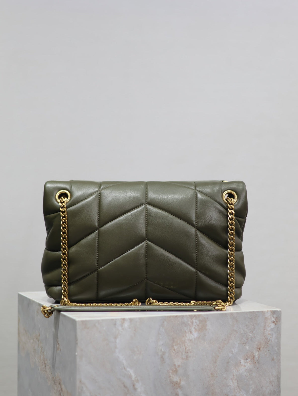 Saint Laurent 25S Loulou Puffer MM 29 in Dark Olive Calfskin Gold Hardwre Bag