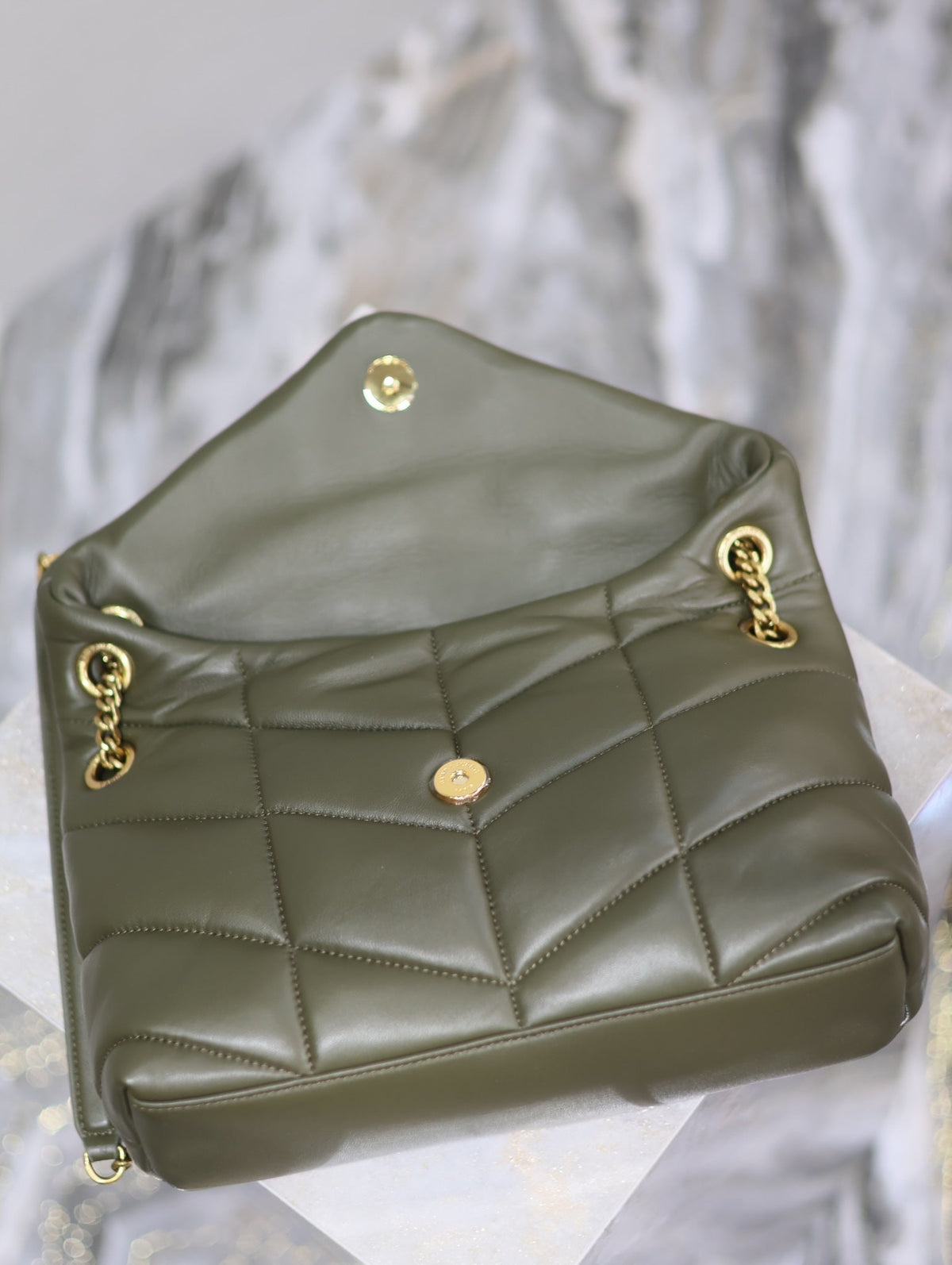 Saint Laurent 25S Loulou Puffer MM 29 in Dark Olive Calfskin Gold Hardwre Bag