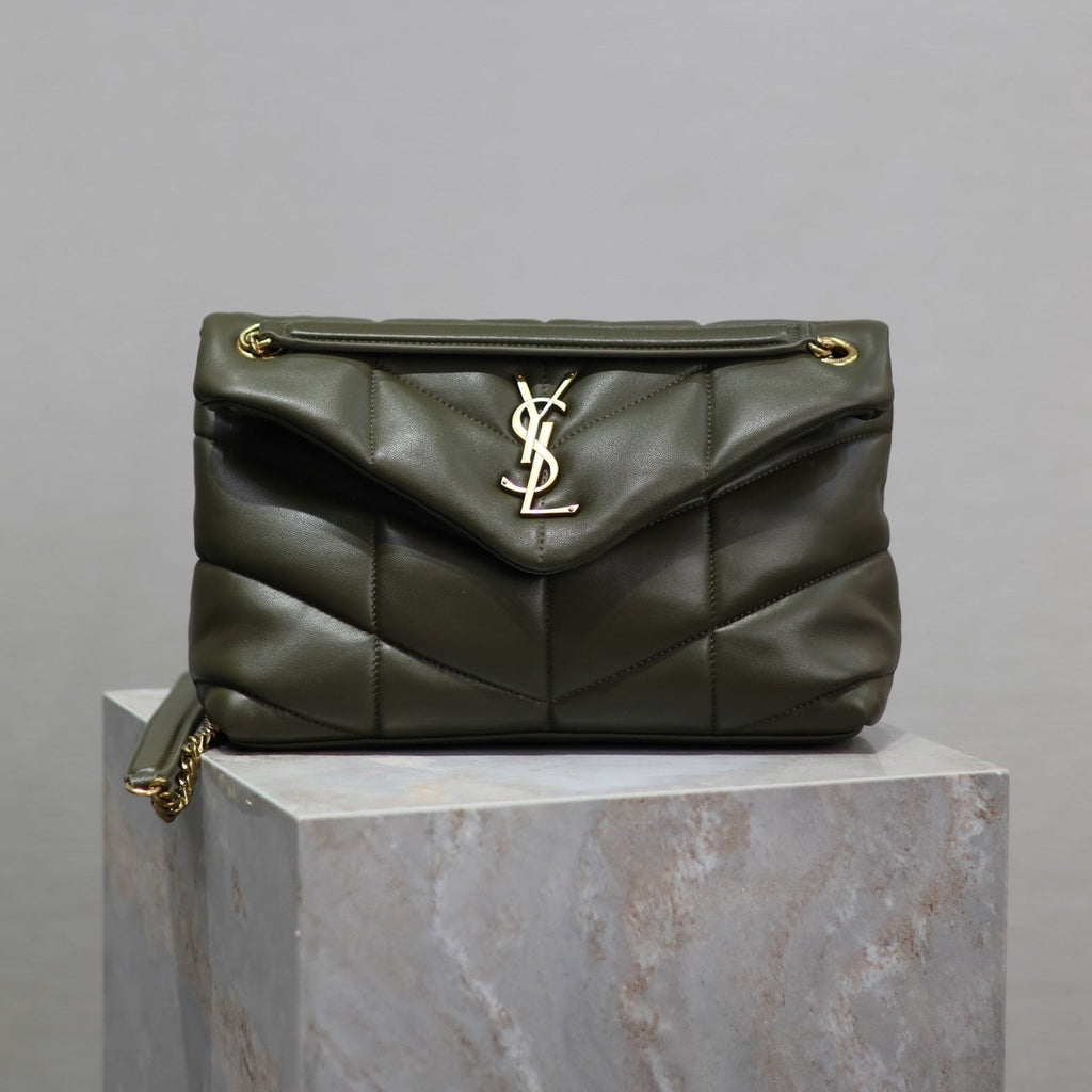 Saint Laurent 25S Loulou Puffer MM 29 in Dark Olive Calfskin Gold Hardwre Bag