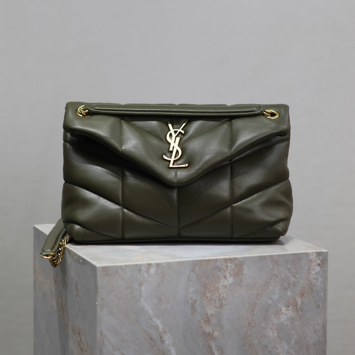Saint Laurent 25S Loulou Puffer MM 29 in Dark Olive Calfskin Gold Hardwre Bag