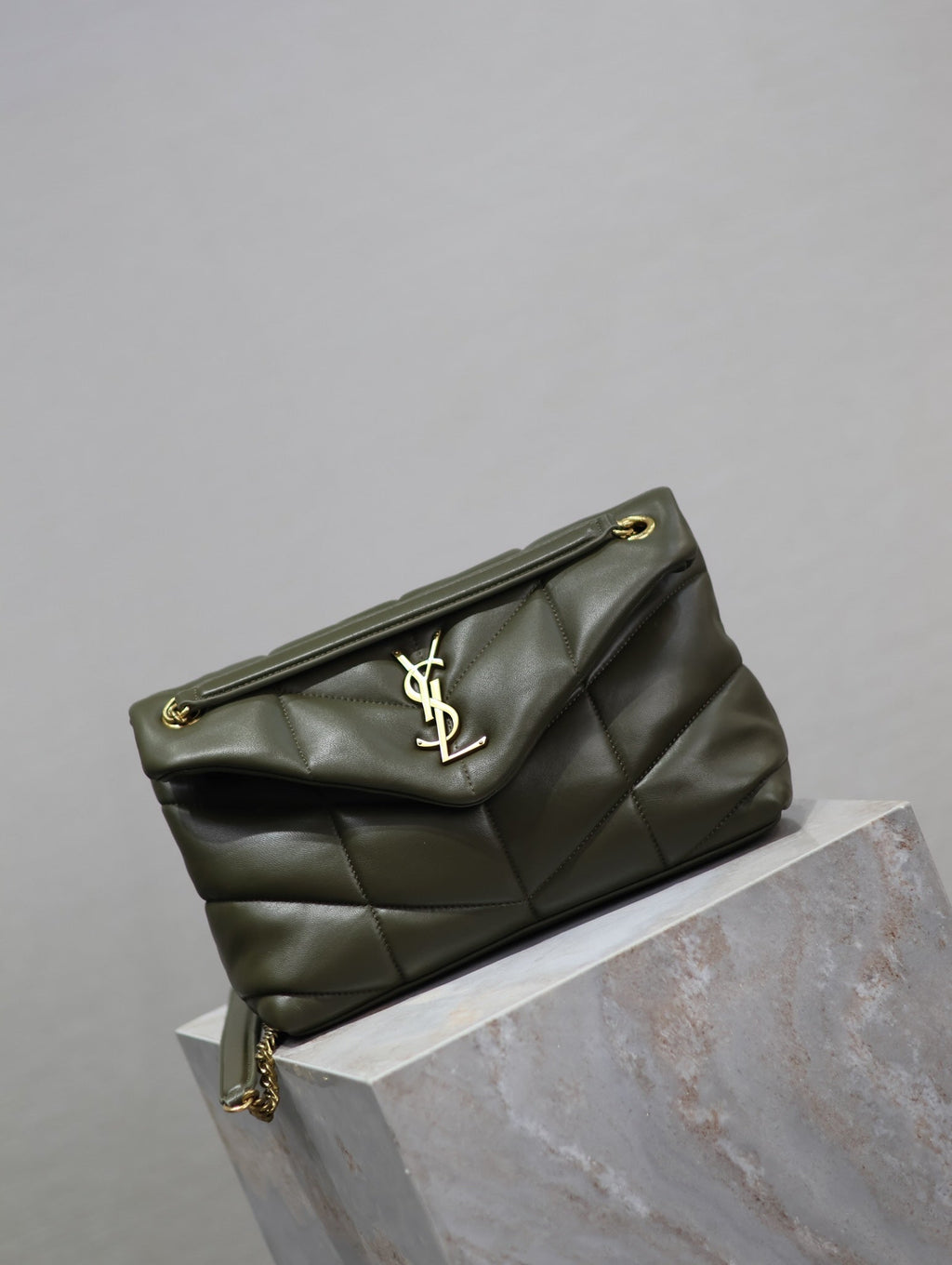 Saint Laurent 25S Loulou Puffer MM 29 in Dark Olive Calfskin Gold Hardwre Bag