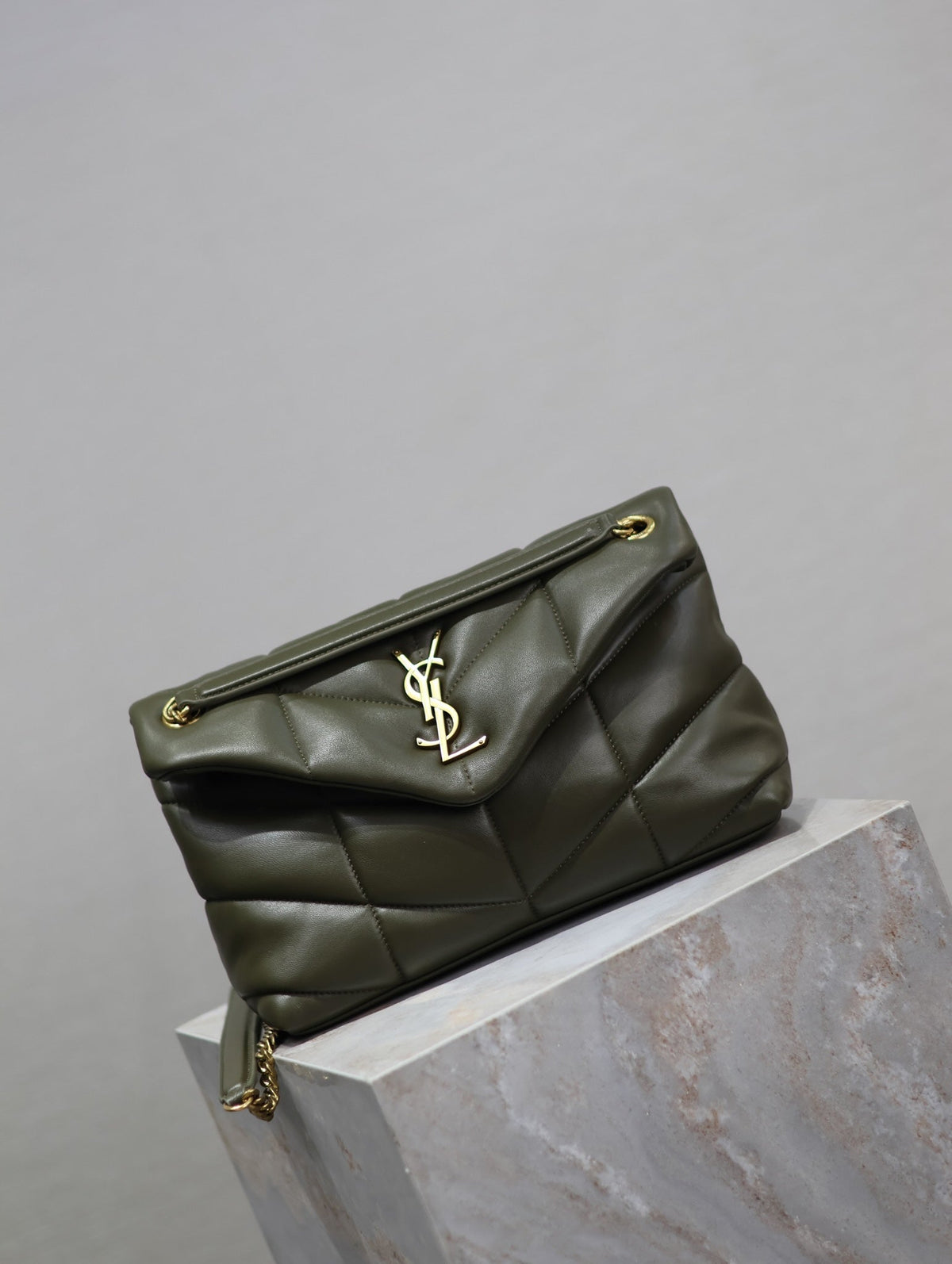 Saint Laurent 25S Loulou Puffer MM 29 in Dark Olive Calfskin Gold Hardwre Bag