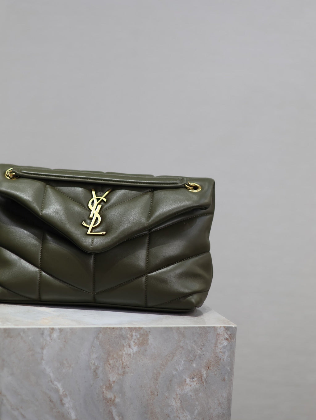 Saint Laurent 25S Loulou Puffer MM 29 in Dark Olive Calfskin Gold Hardwre Bag