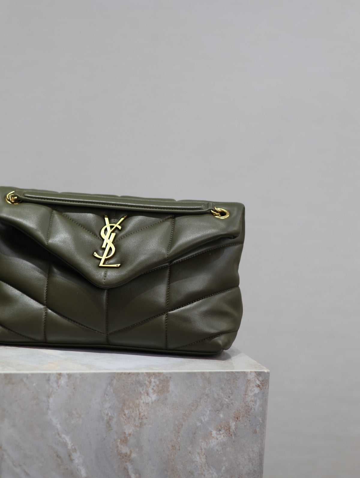 Saint Laurent 25S Loulou Puffer MM 29 in Dark Olive Calfskin Gold Hardwre Bag