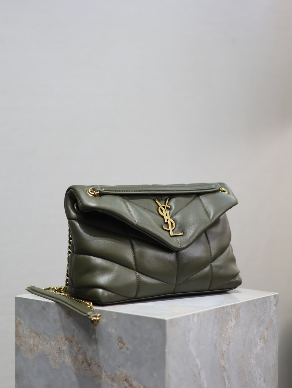 Saint Laurent 25S Loulou Puffer MM 29 in Dark Olive Calfskin Gold Hardwre Bag
