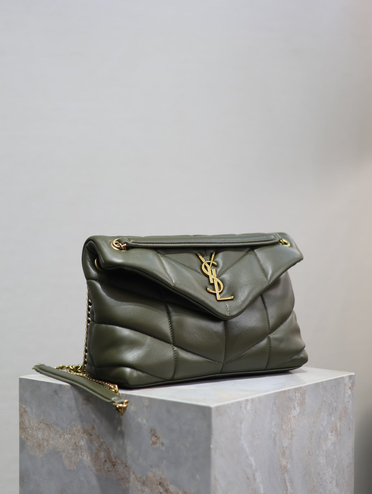 Saint Laurent 25S Loulou Puffer MM 29 in Dark Olive Calfskin Gold Hardwre Bag