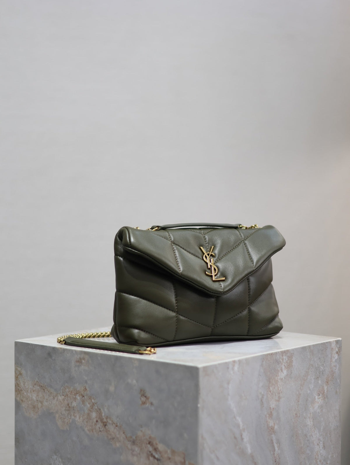 Saint Laurent 25S Loulou Puffer Mini 23 in Dark Olive Calfskin Gold Hardwre Bag