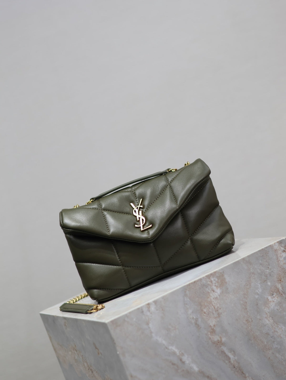 Saint Laurent 25S Loulou Puffer Mini 23 in Dark Olive Calfskin Gold Hardwre Bag