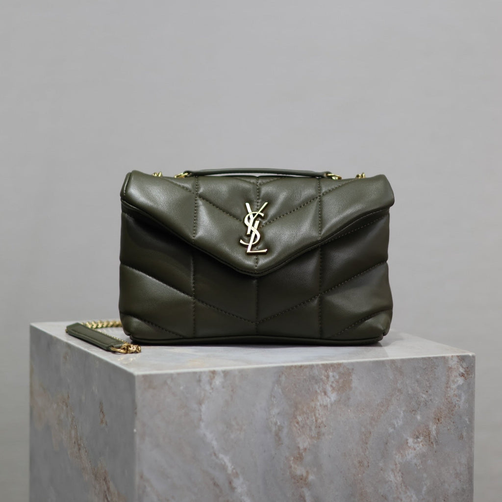 Saint Laurent 25S Loulou Puffer Mini 23 in Dark Olive Calfskin Gold Hardwre Bag