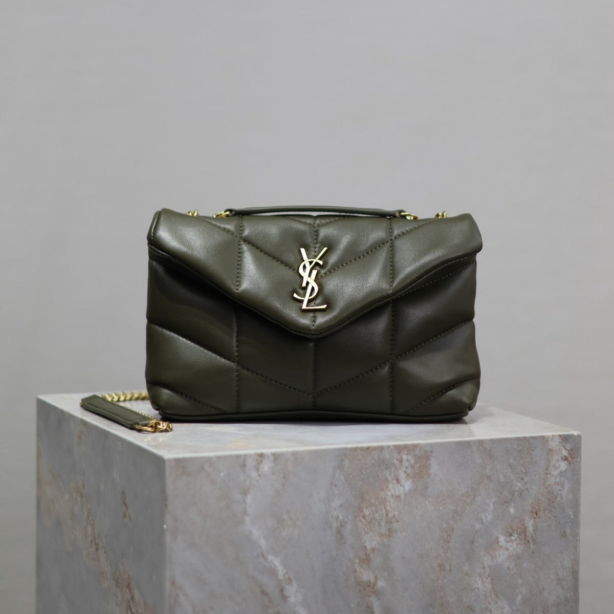 Saint Laurent 25S Loulou Puffer Mini 23 in Dark Olive Calfskin Gold Hardwre Bag