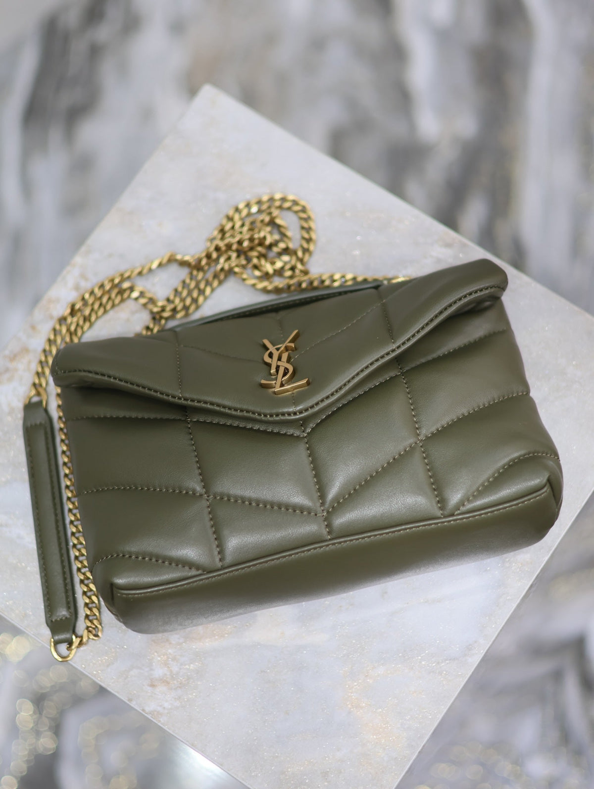 Saint Laurent 25S Loulou Puffer Mini 23 in Dark Olive Calfskin Gold Hardwre Bag